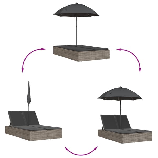 vidaXL dobbelt dagseng med hynder og parasol, grå, polyrattan