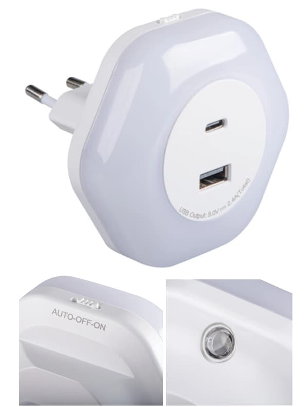 Kanlux LED-natlampe til stikkontakt, skumringssensor, 2xUSB A+C oplader