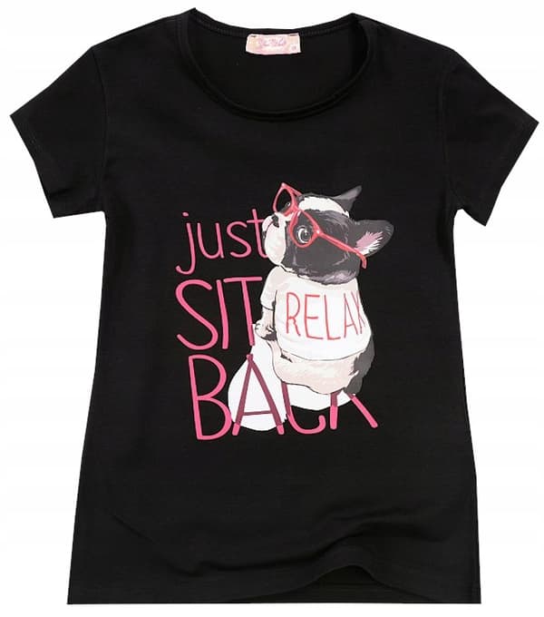 T-shirt kortærmet hund relax sort 152 til pige