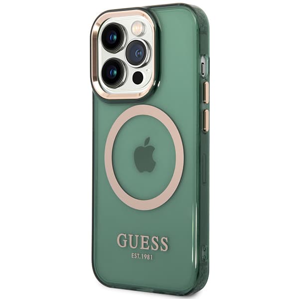 Guess Gold Outline Translucent MagSafe-etui til iPhone 14 Pro Max, grøn
