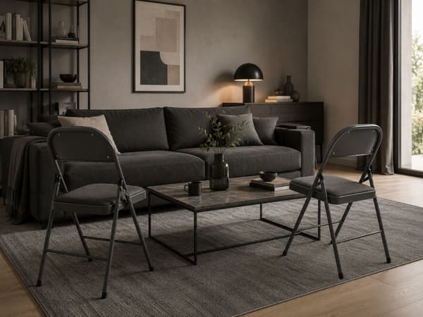 Hopfällbar metallstol med grå klädsel