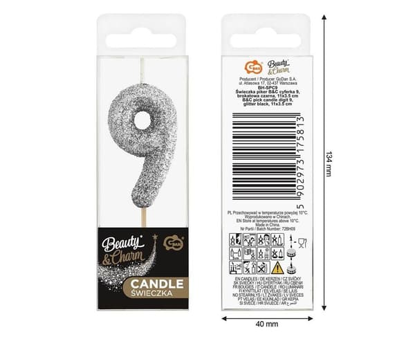 Piker lys 9 sorte glitter 11x3,5 cm