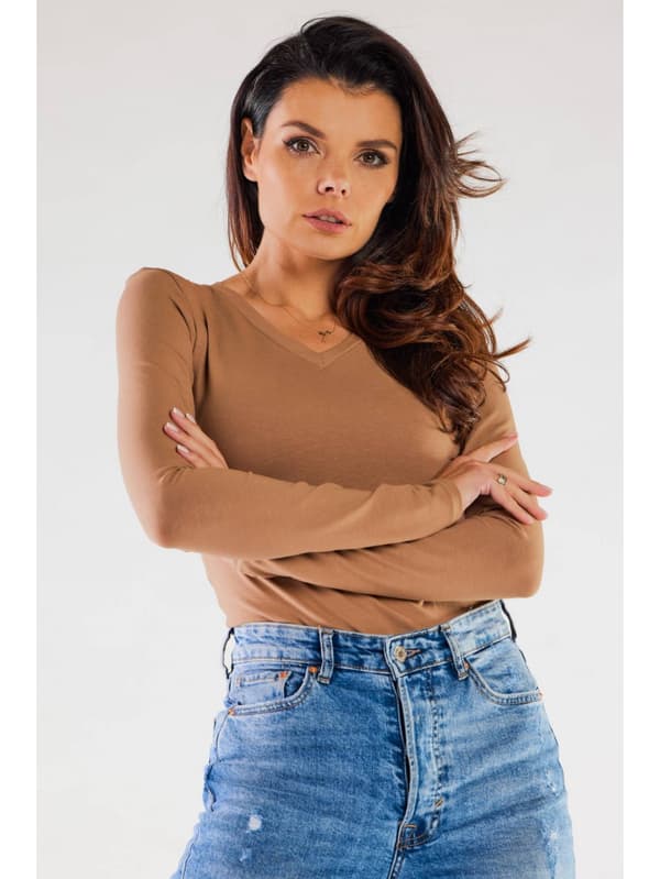 Basis bomuldsbluse med V-hals, beige L