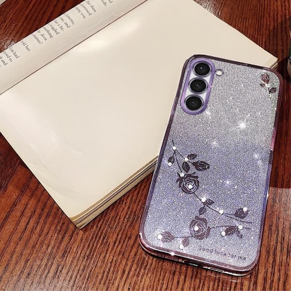 Samsung Galaxy S23+ Plus cover, glitterblomst, lilla