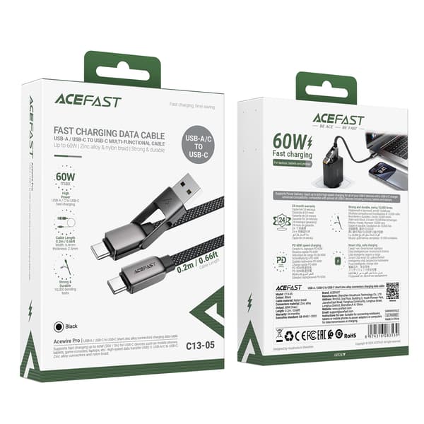 USB-C-kaapeli - USB-A / USB-C 480Mb/s 3A 0.2m - musta