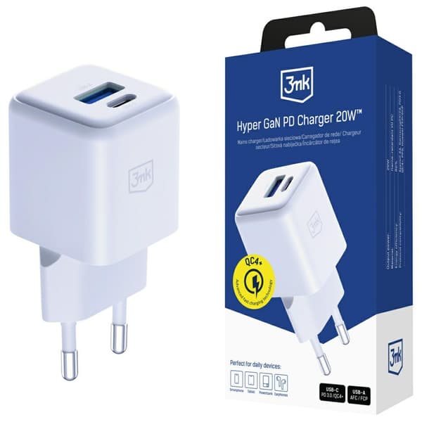 3MK Hyper GaN Oplader 20W 1xUSB-A 1xUSB-C PD QC4+, hvid