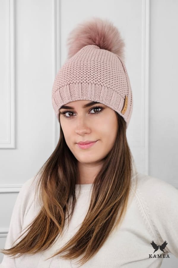 FIONA dame vinterfleecehue med pompon, pink