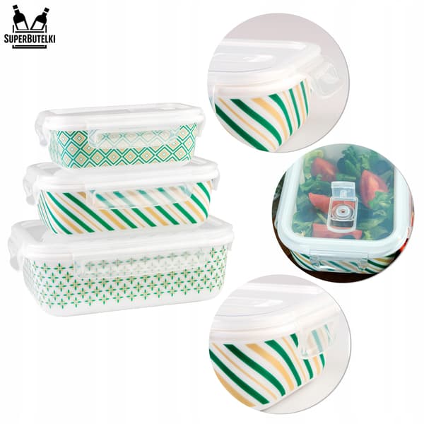 Set med 3 rektangulära glasbehållare (kapacitet 400, 650, 1000 ml) gröna