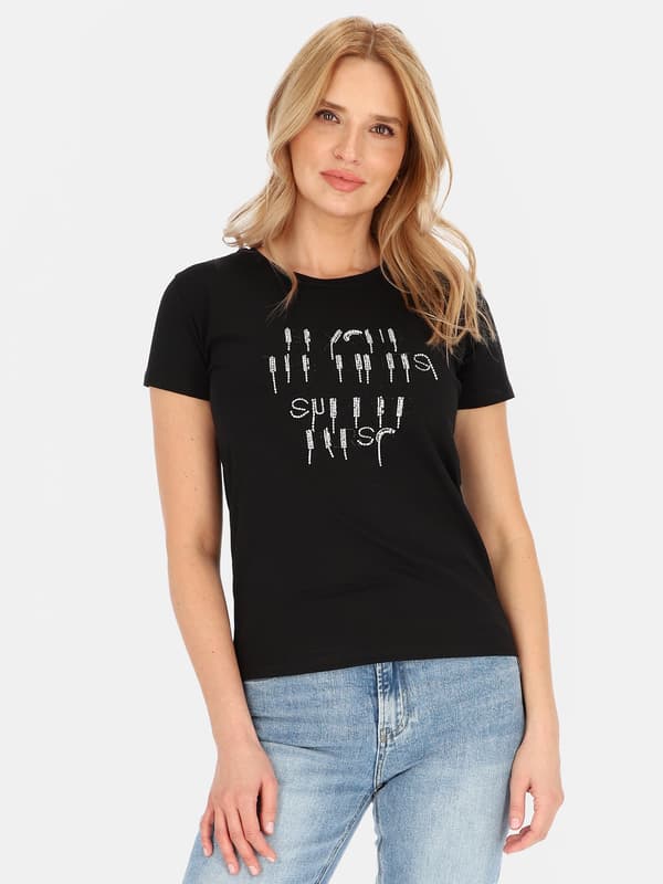 Dambomulls-T-shirt med applikationer