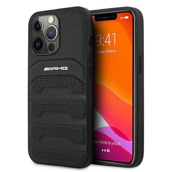 AMG lædercover med prægede linjer og sort logo til iPhone 13 Pro, sort
