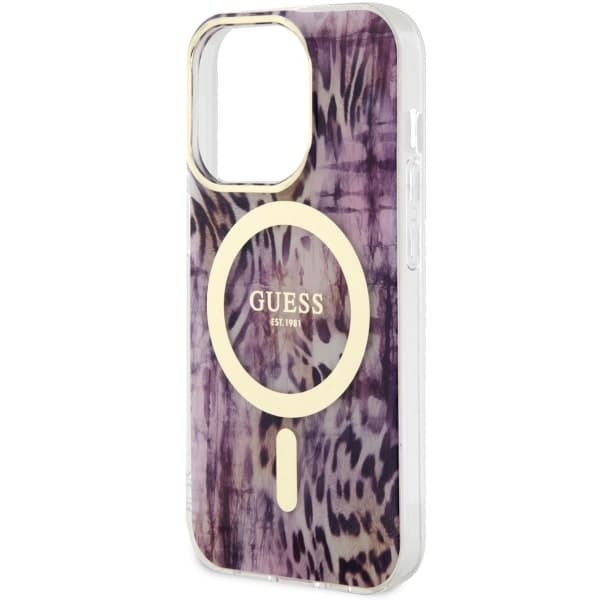 Guess Leopard MagSafe -kotelo iPhone 14 Prolle, pinkki