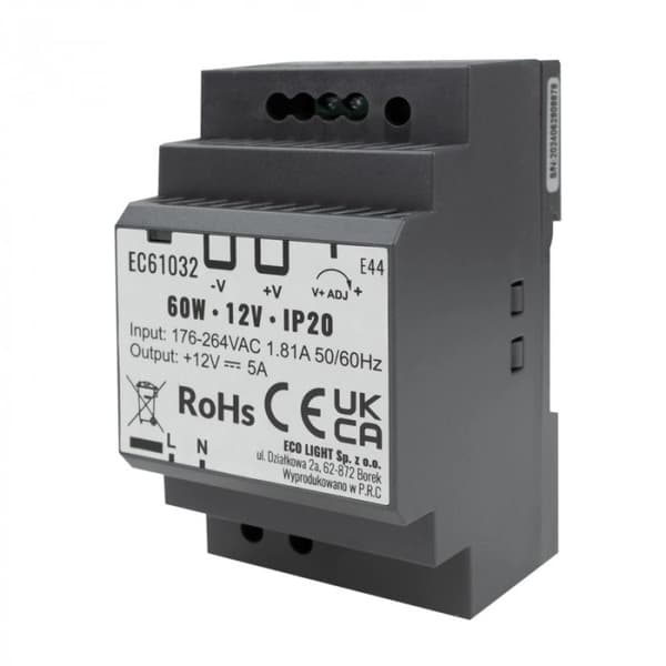 PREMIUM 12V 60W 5A DIN-skinne strømforsyning til IP20 Ecolight intercom