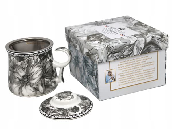 Porslinsmugg med infuser 350ml i ask, Gray Rose-kollektionen