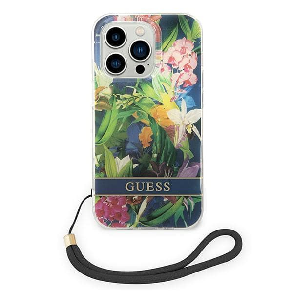 Guess Blommigt Remfodral till iPhone 14 Pro Max, Blå