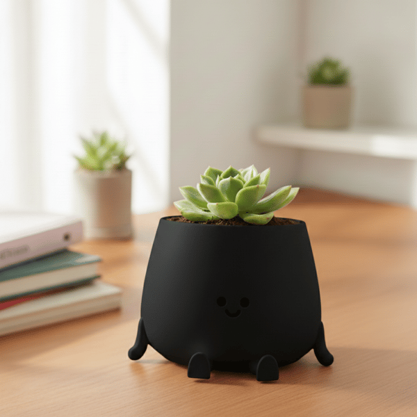 Dekorativ urtepotte med et smil, sort, til planter, moderne design