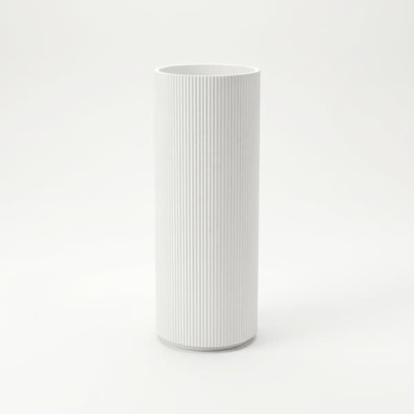 Dekorativ cylindrisk vit vas för blommor, klassisk form, elegant