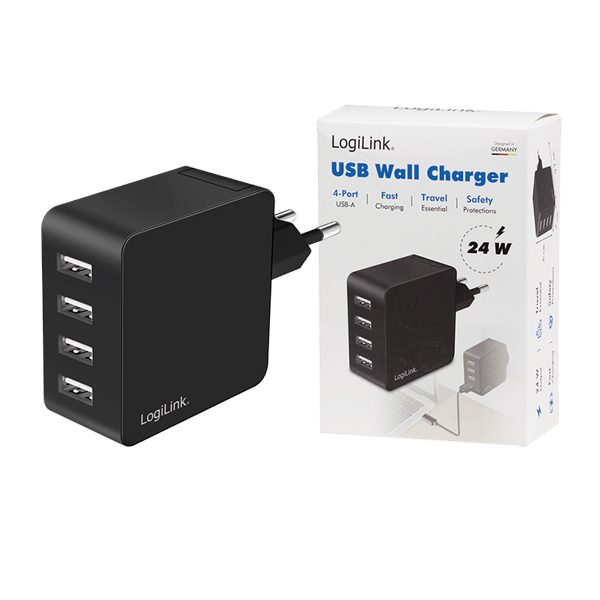 USB-oplader til 4x USB-A 24W LogiLink telefonopladekube 230V sort