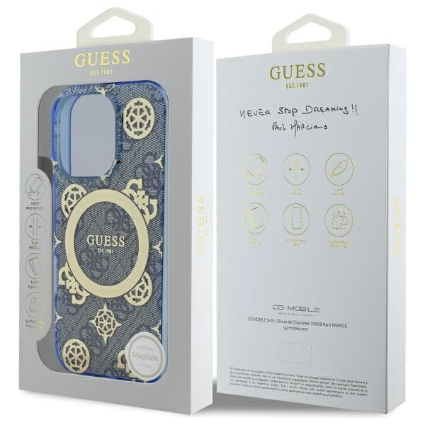 Guess IML Peony On 4G Background MagSafe-etui til iPhone 16 Pro Max, blå