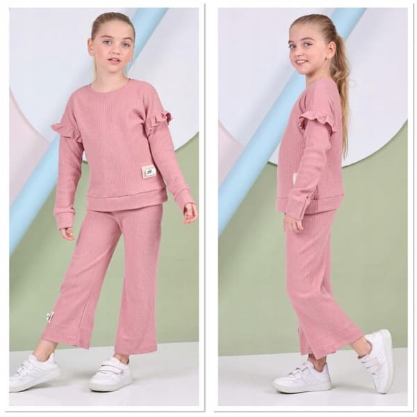 Strikket sæt sweater med flæser og brede lyserøde bukser 7/8 H552A