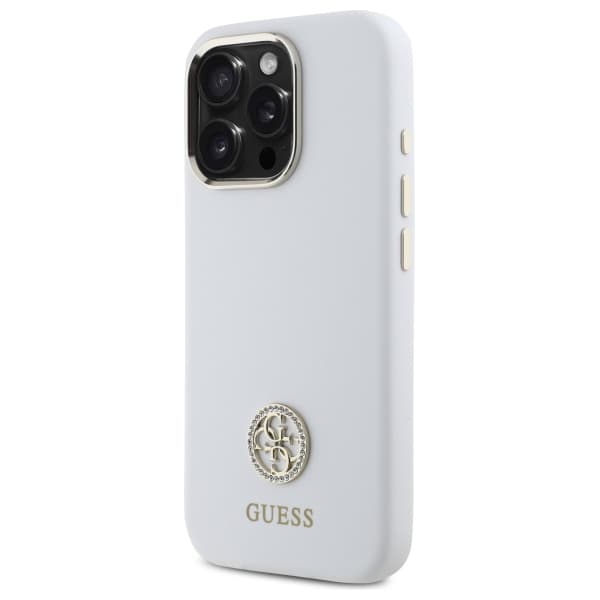 Guess Silikone Logo Strass 4G Etui til iPhone 16 Pro, Hvid