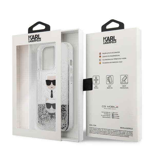 Karl Lagerfeld Liquid Glitter Karl&Choupette-etui til iPhone 13 Pro / 13, sølv