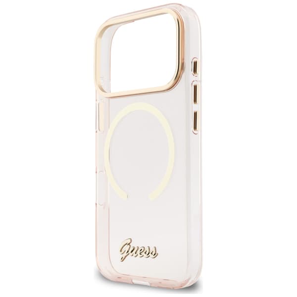 Guess IML Script Metal MagSafe -kotelo iPhone 17 Prolle, pinkki