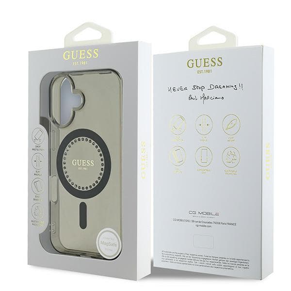 Guess IML Rhinestones MagSafe-etui til iPhone 16, sort