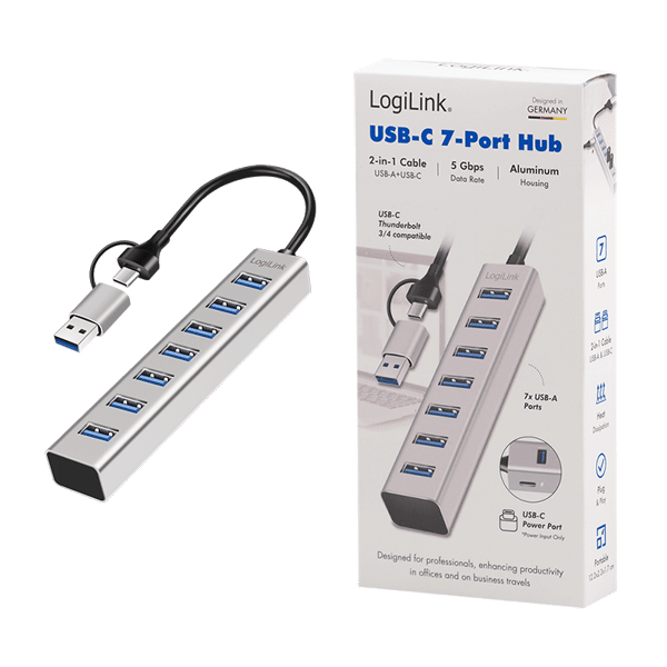 LogiLink USB 3.0 Hub 7 Portar USB-A 2-i-1 Kabel USB-A/USB-C 5 Gbps Silver