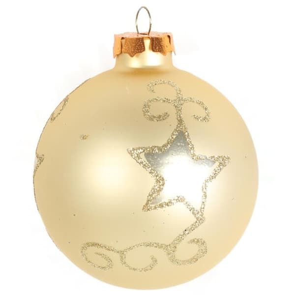 Set med 6 eleganta krämfärgade glaskulor med silverglitter 8 cm