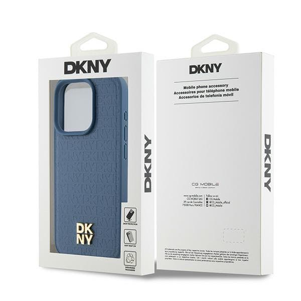 DKNY Lædermonogrammønster Metal Logo MagSafe-etui til iPhone 15 Pro, Blå