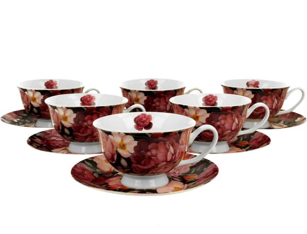 Set med 6 svarta koppar och fat Spring Roses