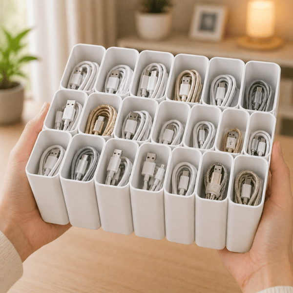 USB-kabelorganisator hvid skuffeopladerholder