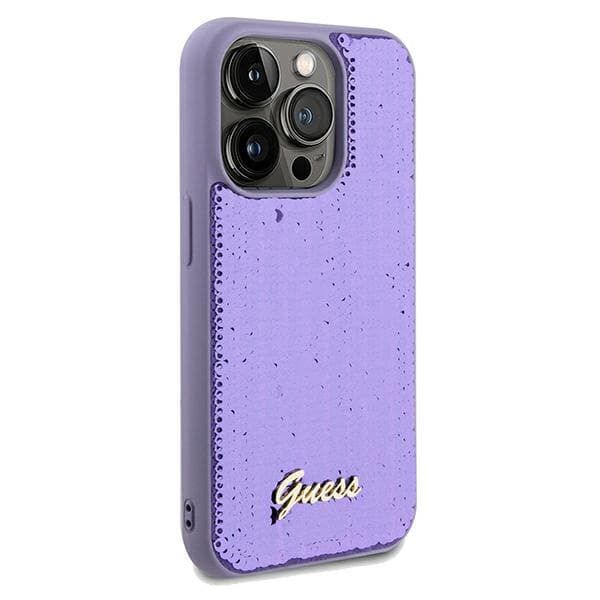 Guess Sequin Script -metallikuori iPhone 14 Prolle, violetti