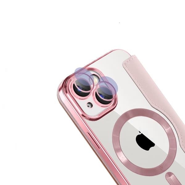 iPhone 15 Flip-cover, RFID-pung MagSafe med kamerabeskyttelse, lyserød