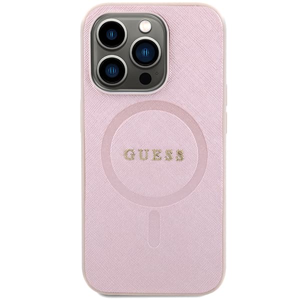 Guess Saffiano MagSafe-etui til iPhone 15 Pro, lyserød