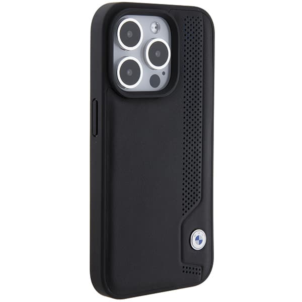 BMW Læderetui med blå prikker til iPhone 15 Pro Max, Sort