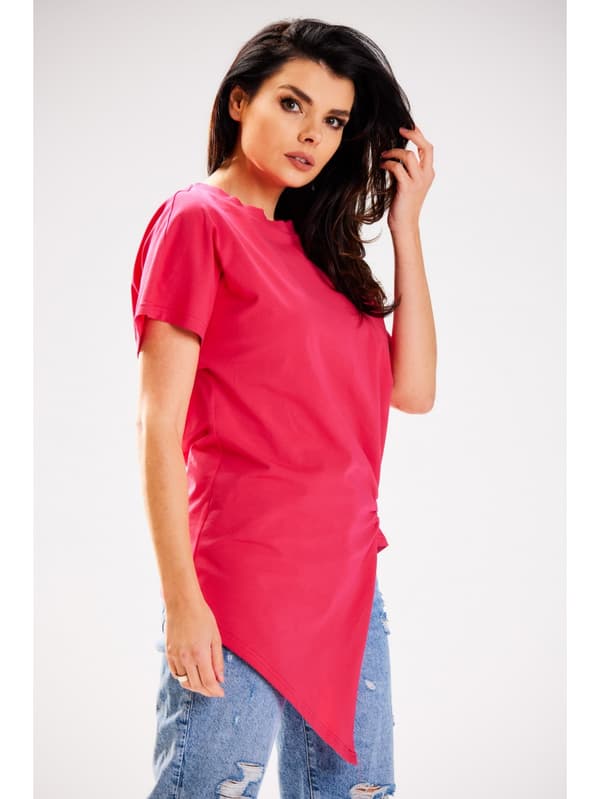Asymmetrisk bomuldsbluse med korte ærmer, rosa L/XL