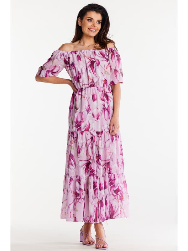 Chiffon maxikjole med pink magnoliaprint, XL