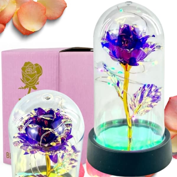 EVIGE ROSE I GLAS, GLITTER, LED, GAVEIDÉ, FARVERIG, 15X8CM