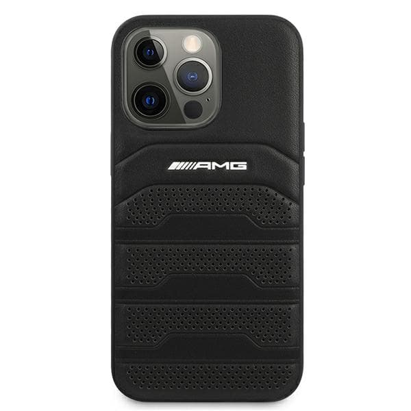 AMG lædercover med prægede linjer og sort logo til iPhone 13 Pro, sort