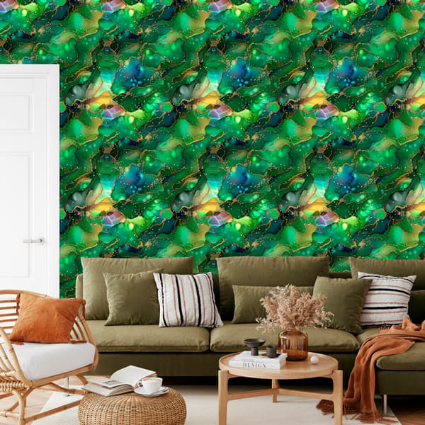 Musteenvihreä, pullonvihreä ja merensininen tapetti 50x1000 cm