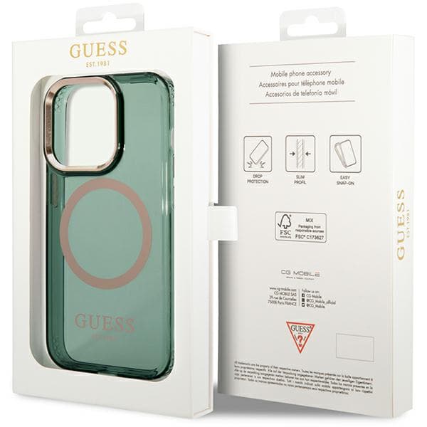 Guess Gold Outline Translucent MagSafe-etui til iPhone 14 Pro Max, grøn