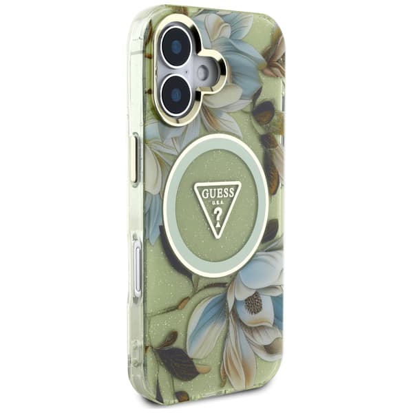 Guess Glitter Flowers Triangle Buttons MagSafe-etui til iPhone 16, grøn