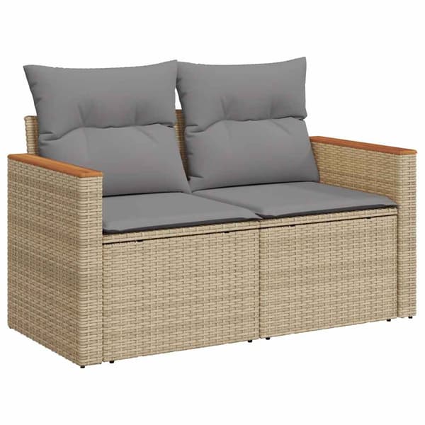 vidaXL Trädgårdssoffa med kuddar, 2-sits, beige, polyrotting