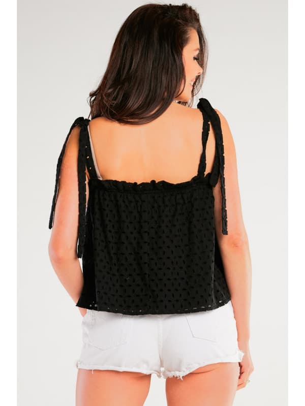 Løs bomuldsbluse med gennembrudte stropper og broderi, sort L/XL