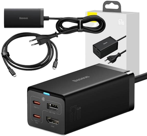 Baseus GaN5 Pro Vægoplader 2 x USB-C + USB + HDMI 67W Sort (CCGP110201)