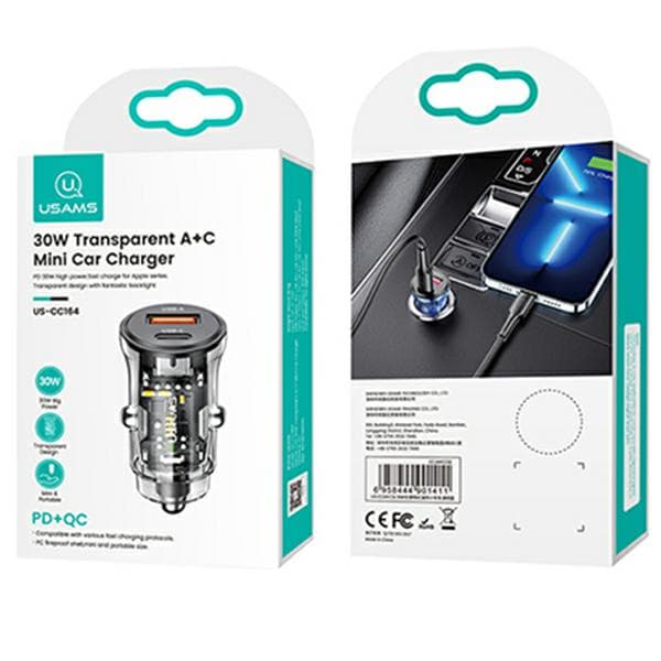USAMS Biloplader 1xUSB+1xUSB-C C32 30W Hurtigopladning sort