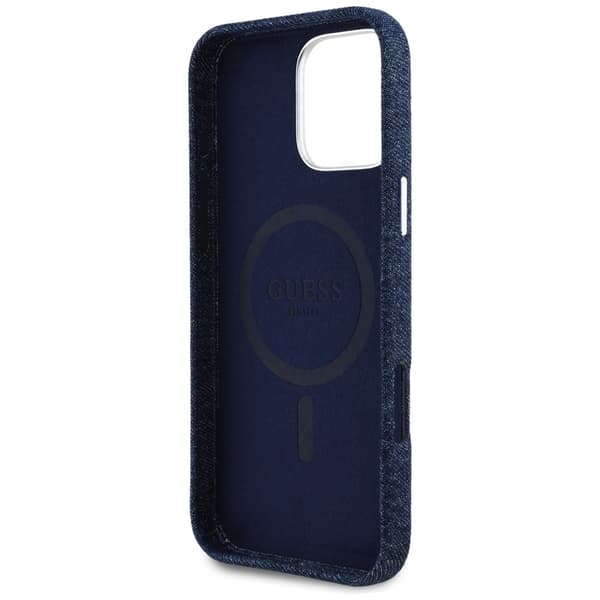 Guess Denim Triangle Logo MagSafe -kotelo iPhone 16 Pro Maxille, sininen