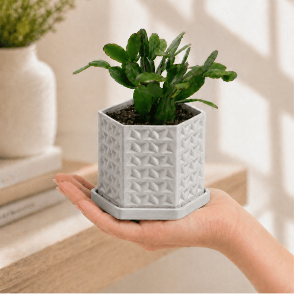 Modern grå geometrisk 3D-blomkruka med fat och dränering