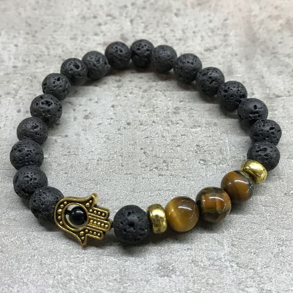 Boho armband med vulkansten. Hamsa tigeröga09